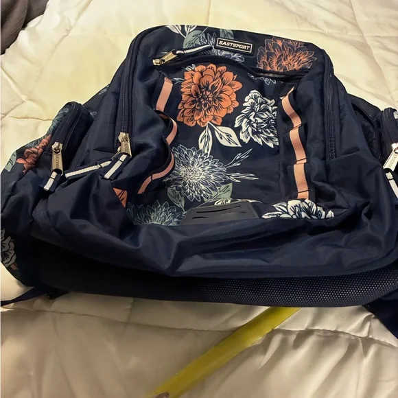 Eastsport Floral Navy Backpack - Peach & Cream Accents Many Compartments - Picture 5 of 9